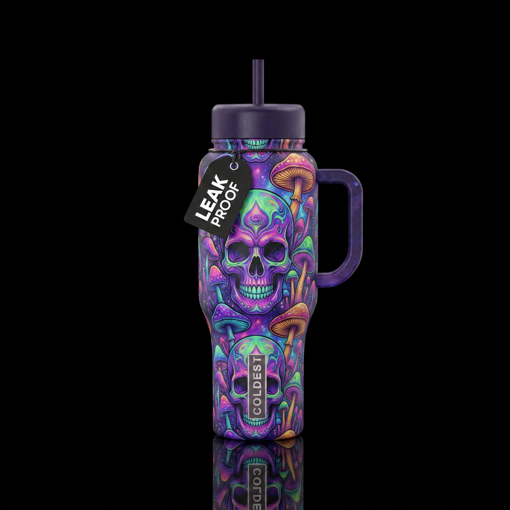 Psychedelic skulls and mushrooms water bottle design