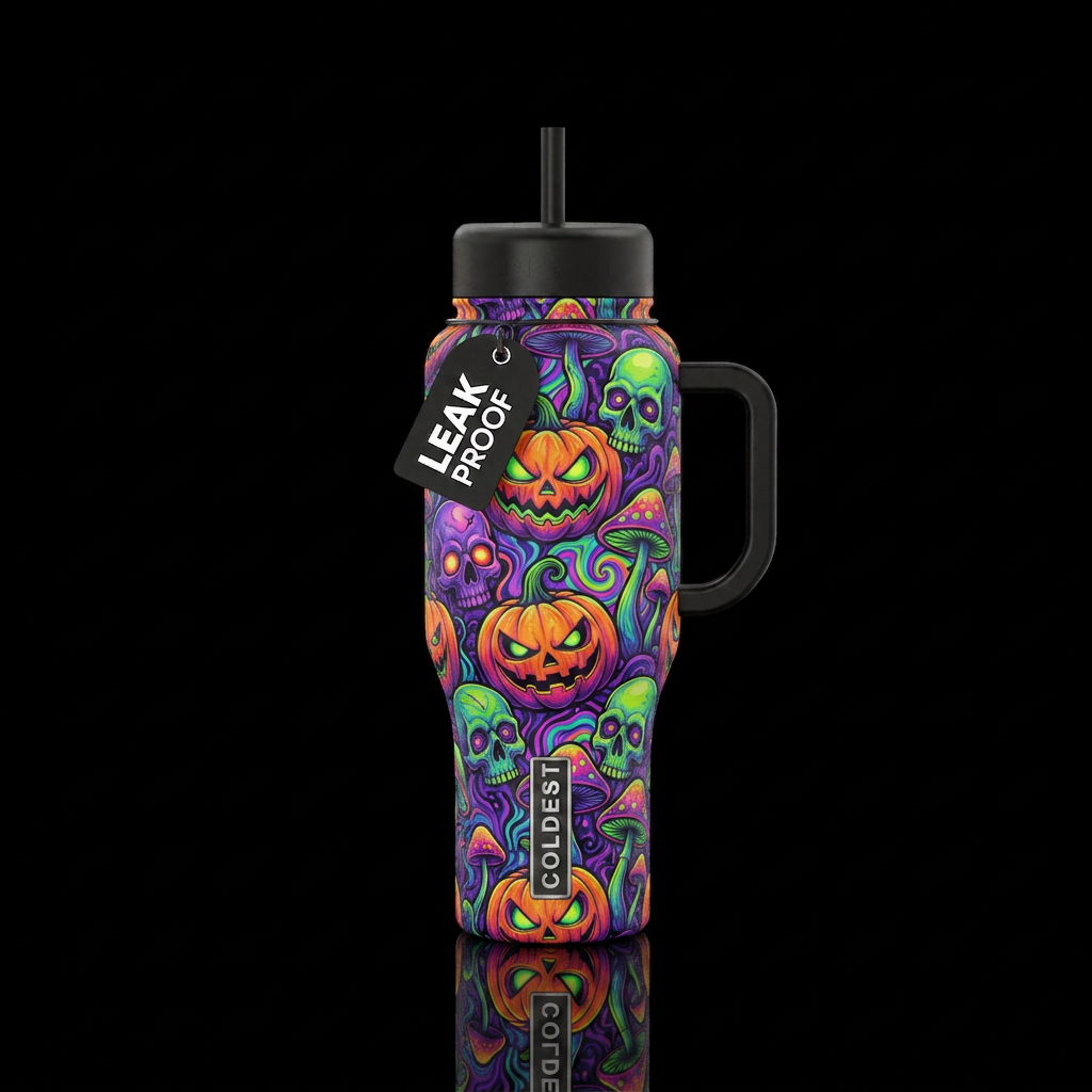 Psychedelic jack-o’-lanternswith skulls and mushro... water bottle design