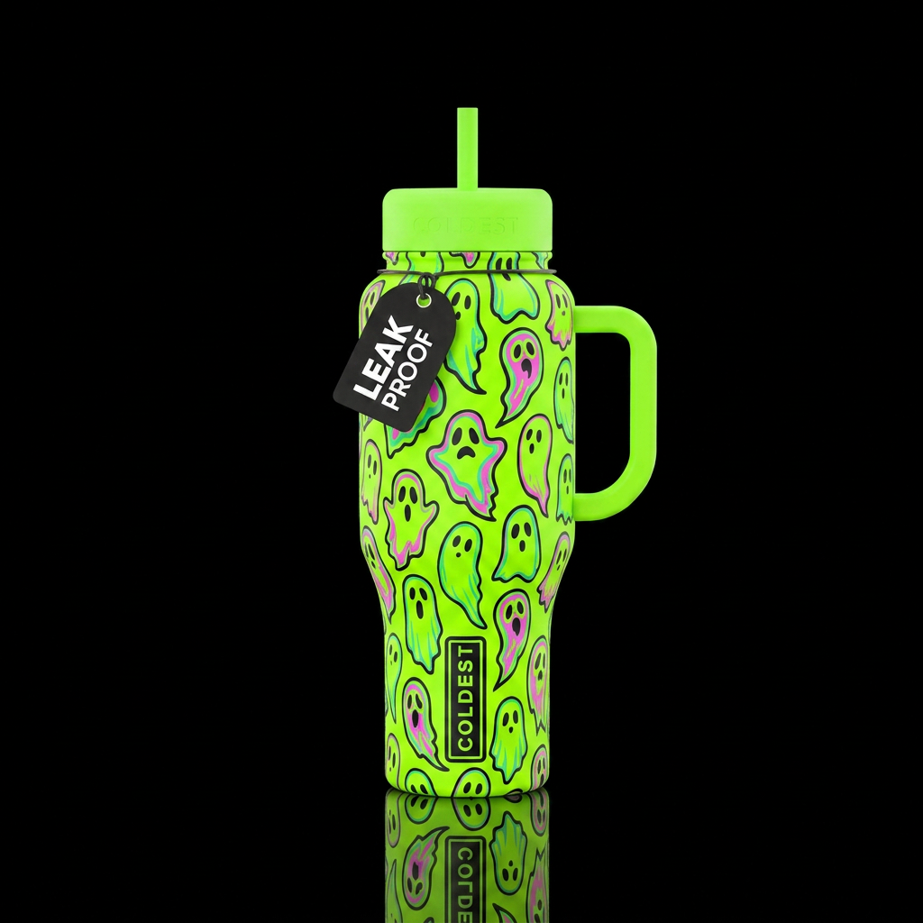 Psychedelic ghosts on neon green water bottle design
