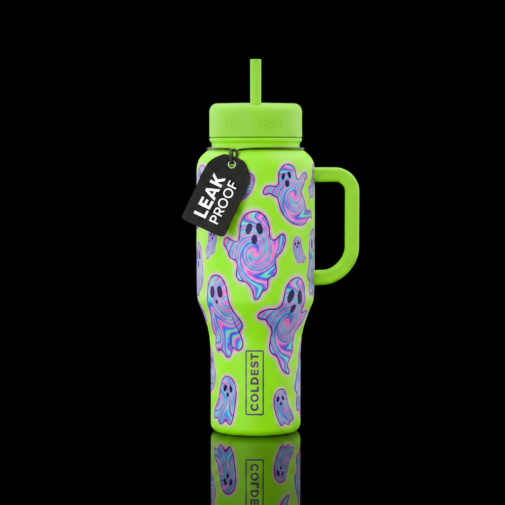 Psychedelic ghosts on neon green water bottle design