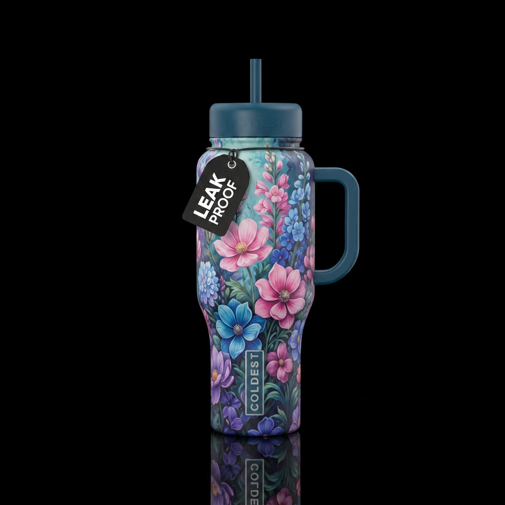 Pink blue and purple flowers in a gardens of life water bottle design