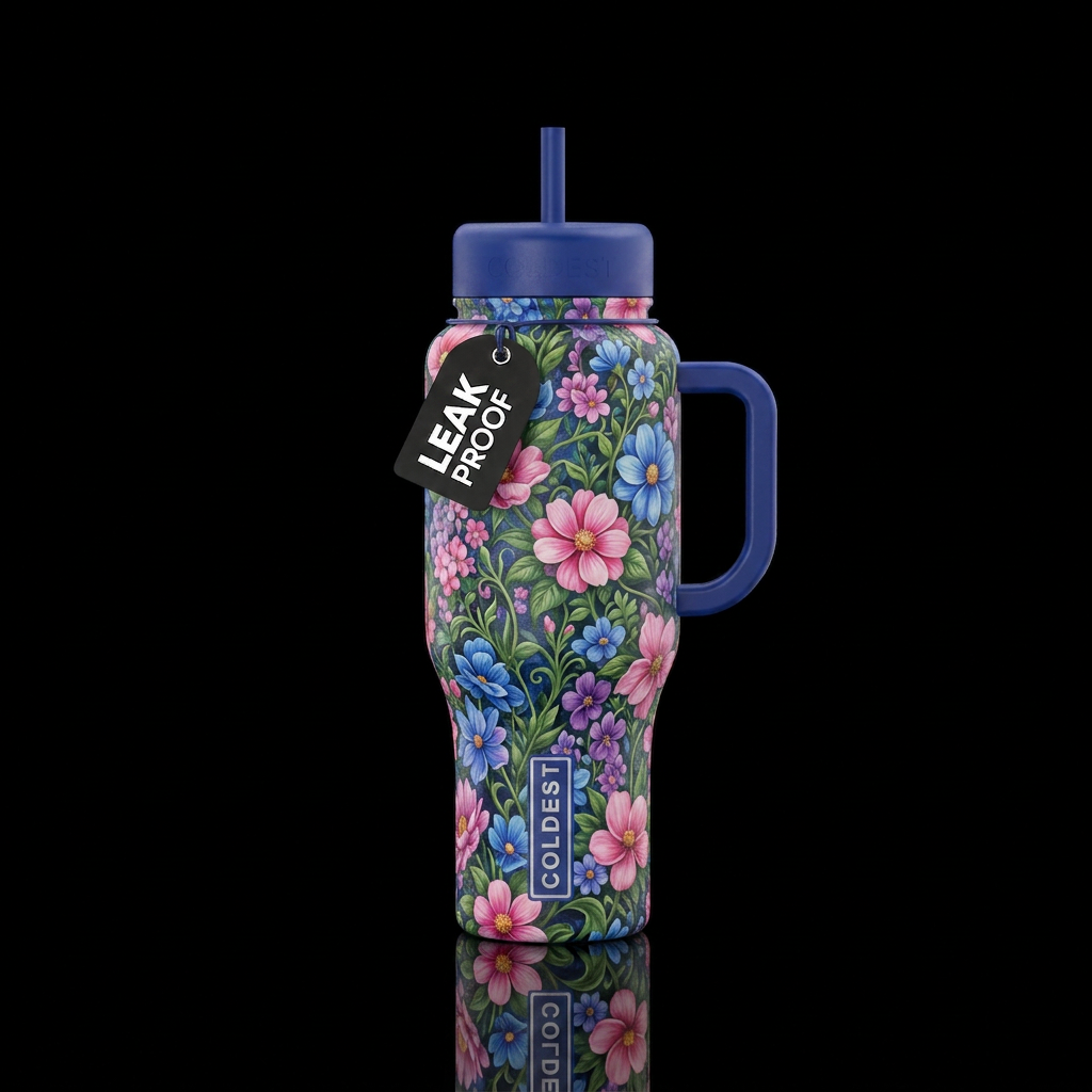 Pink blue and purple flowers in a gardens of life water bottle design