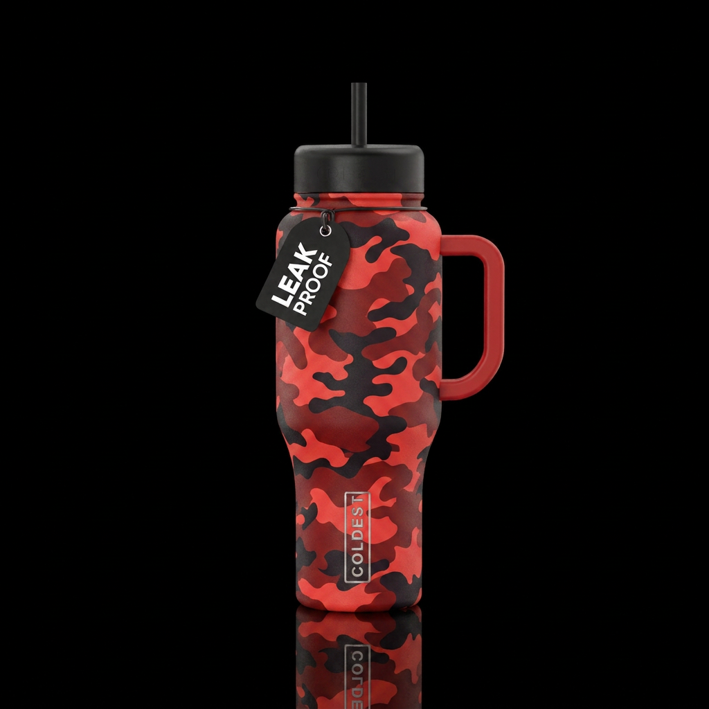 Bright red shade and a dark red shade with a black... water bottle design