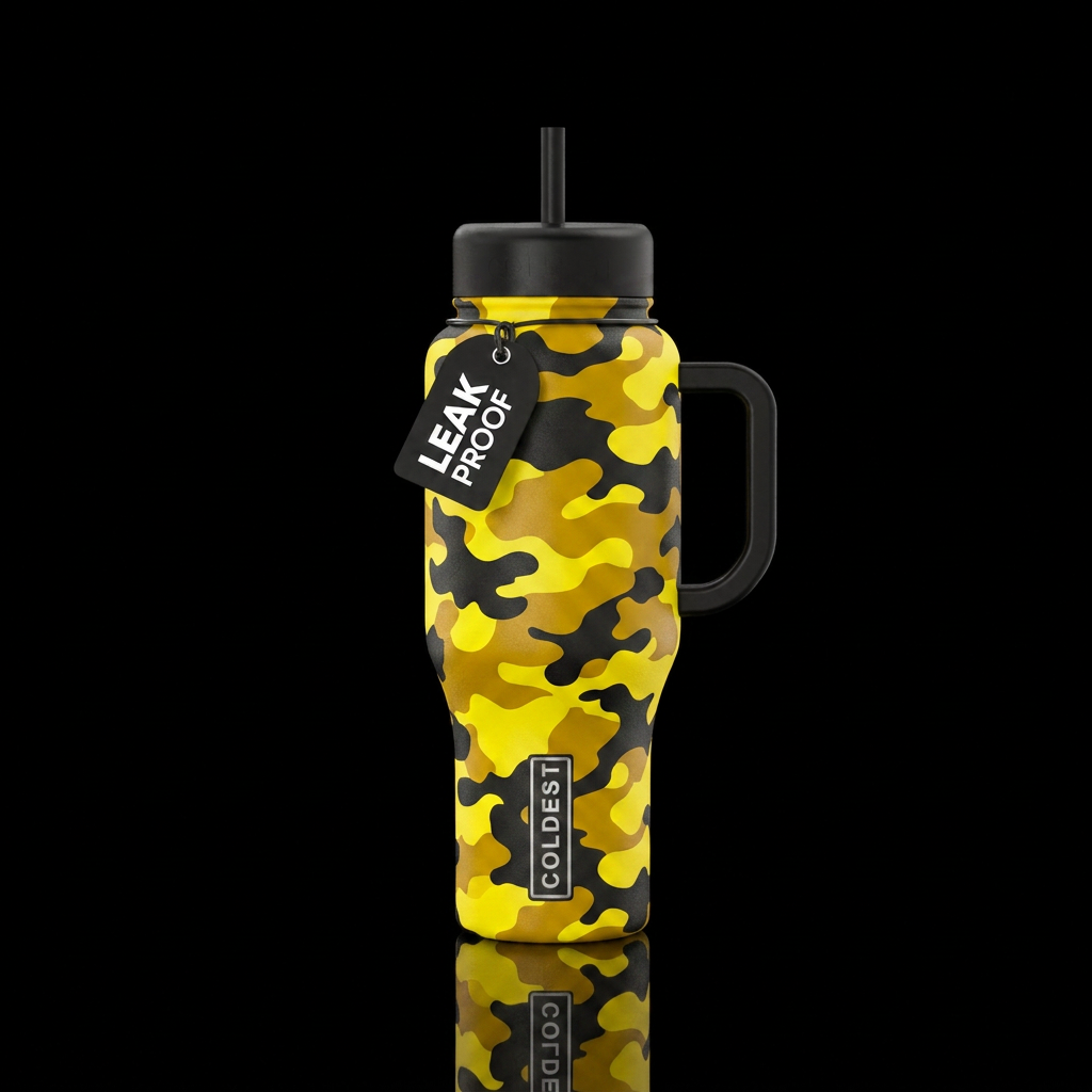 Bright yellow shade and a dark yellow shade with a... water bottle design