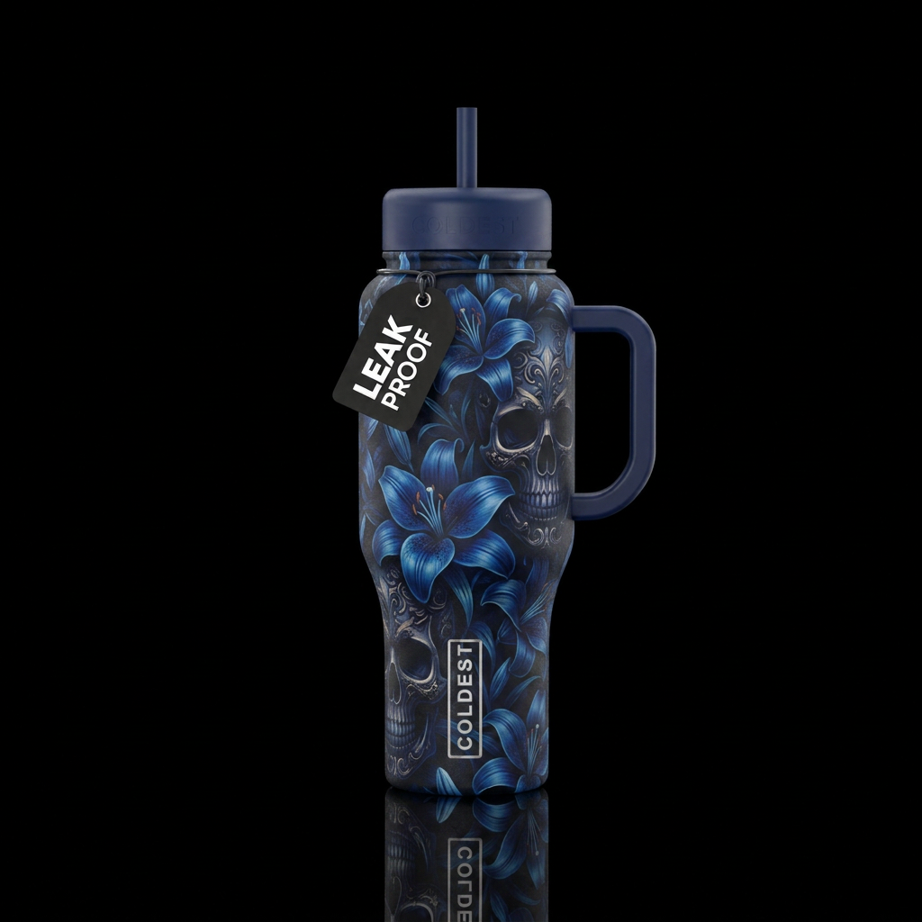 Dark majestic skulls with dark majestic blue lilie... water bottle design