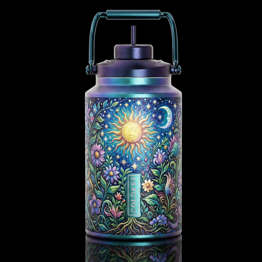 Sun and moon and stars, iridescent, oil painted,  ... water bottle design