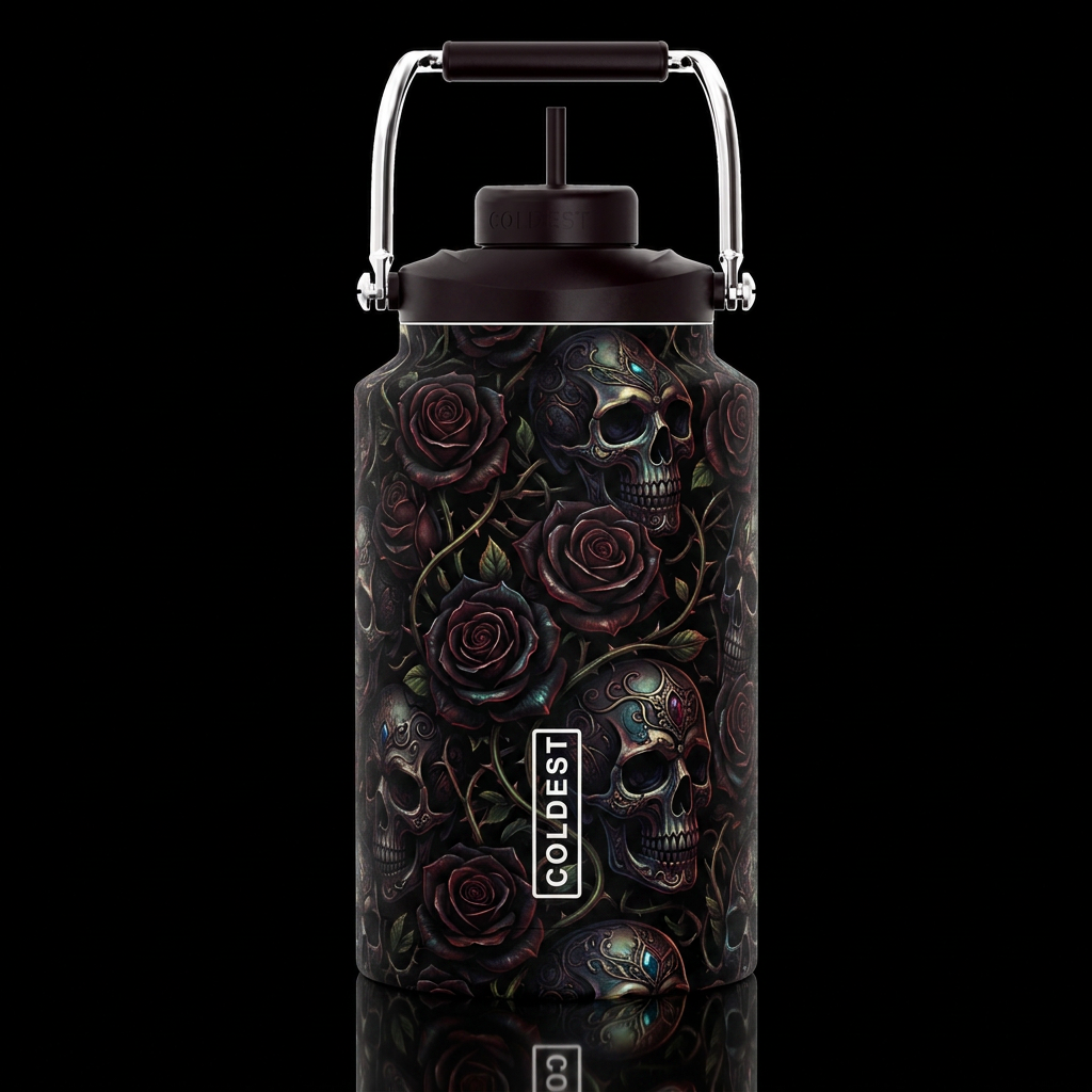 Very dark majestic skulls with dark majestic roses... water bottle design
