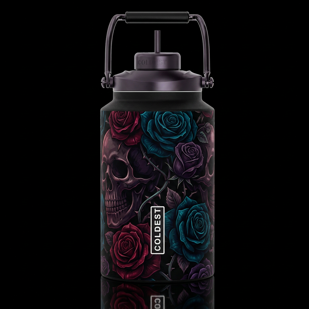 Very dark majestic skulls with dark majestic roses... water bottle design
