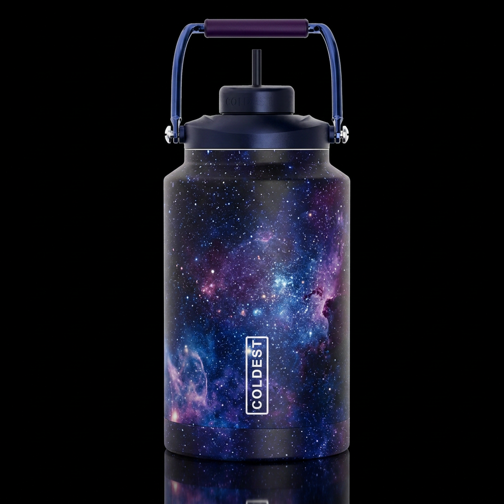 Dark, majestic, cosmic galaxy water bottle design
