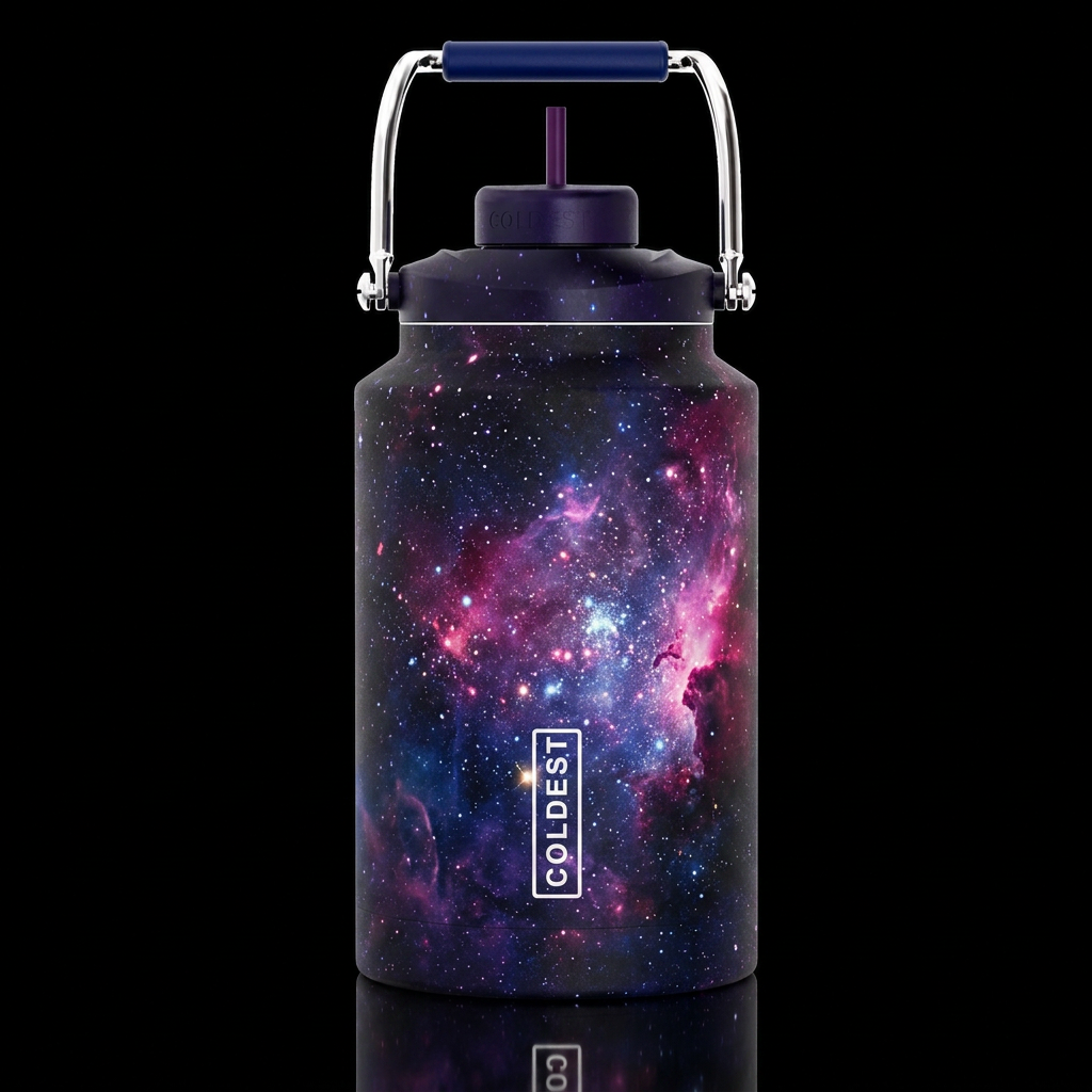 Dark, majestic, cosmic galaxy water bottle design