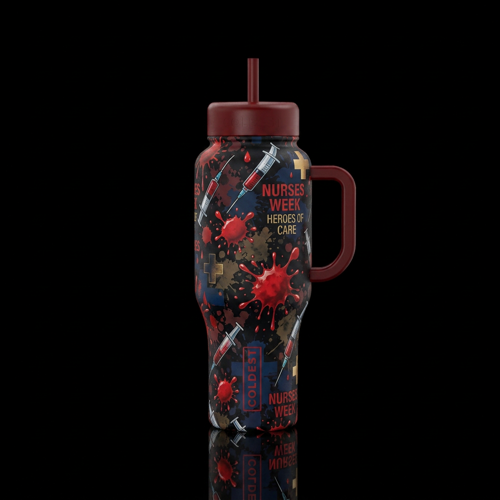Dark Nurses Week, syringes with blood splatters water bottle design