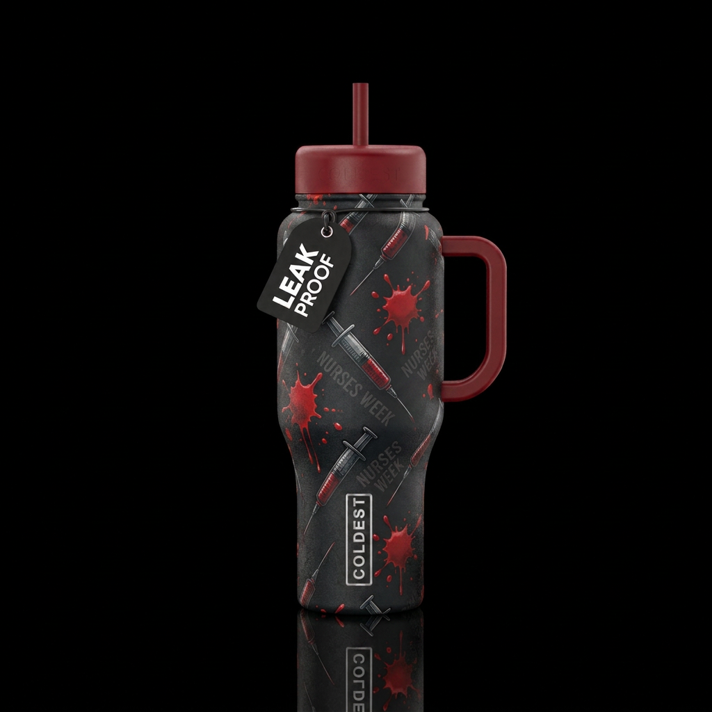 Dark Nurses Week, syringes with blood splatters water bottle design