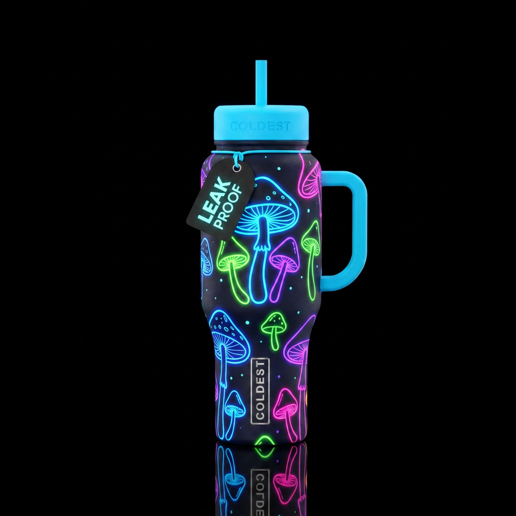 Starry Night neon mushrooms water bottle design
