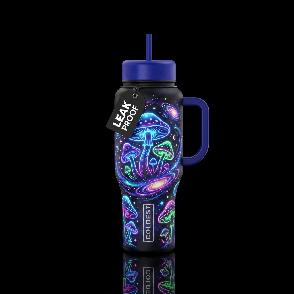 Starry Night neon mushrooms water bottle design