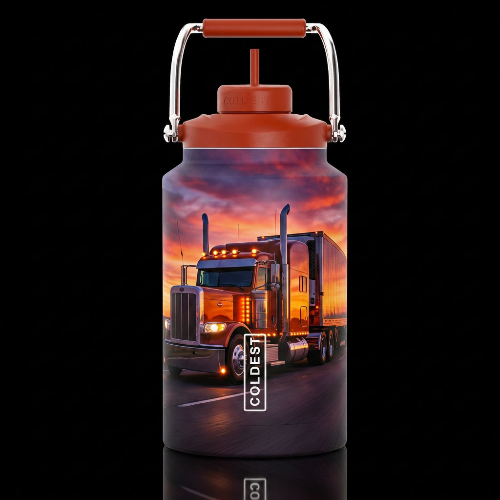 Peterbuilt 389 stretched, pulling a dry van traile... water bottle design