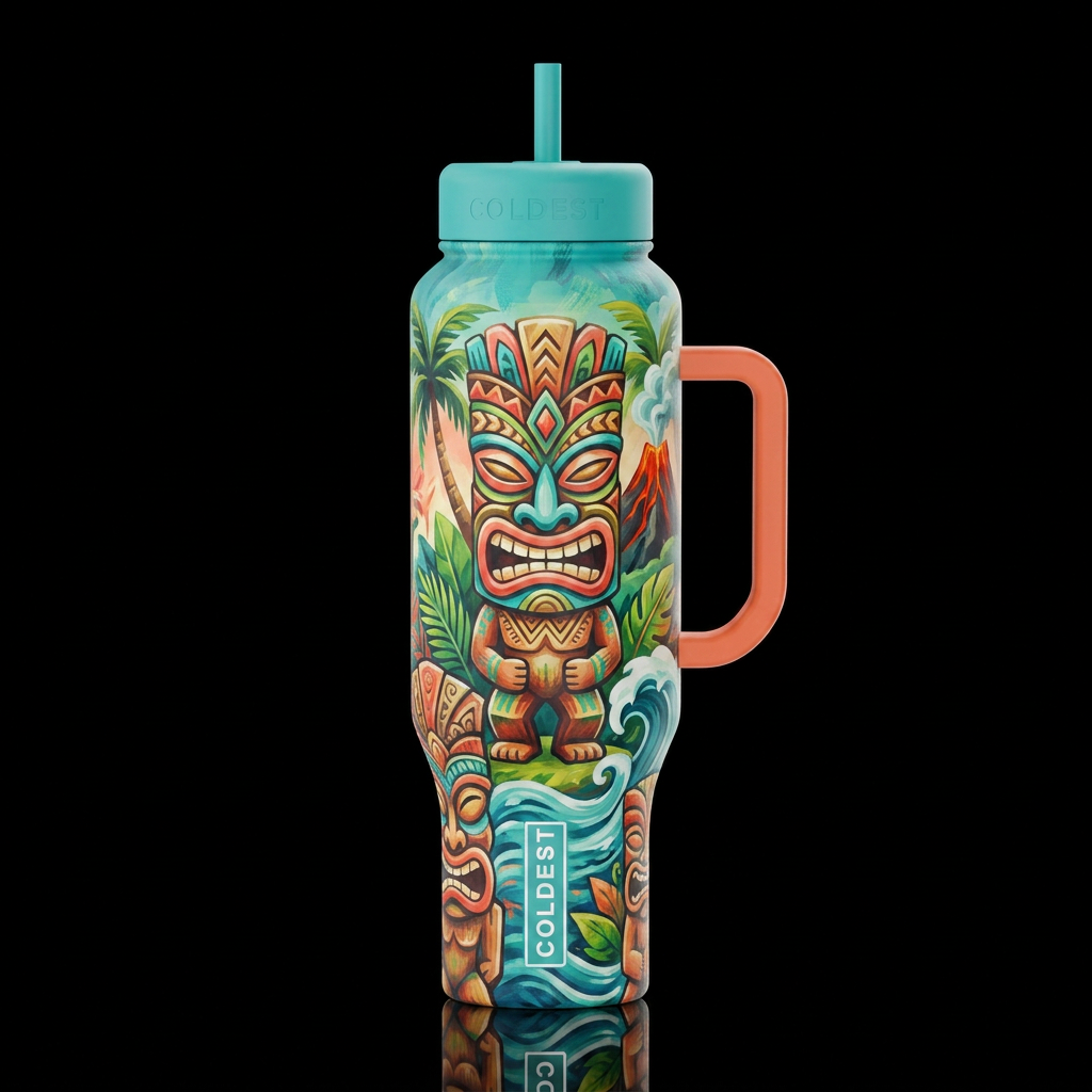 Island themed tikiman in an artsy way water bottle design