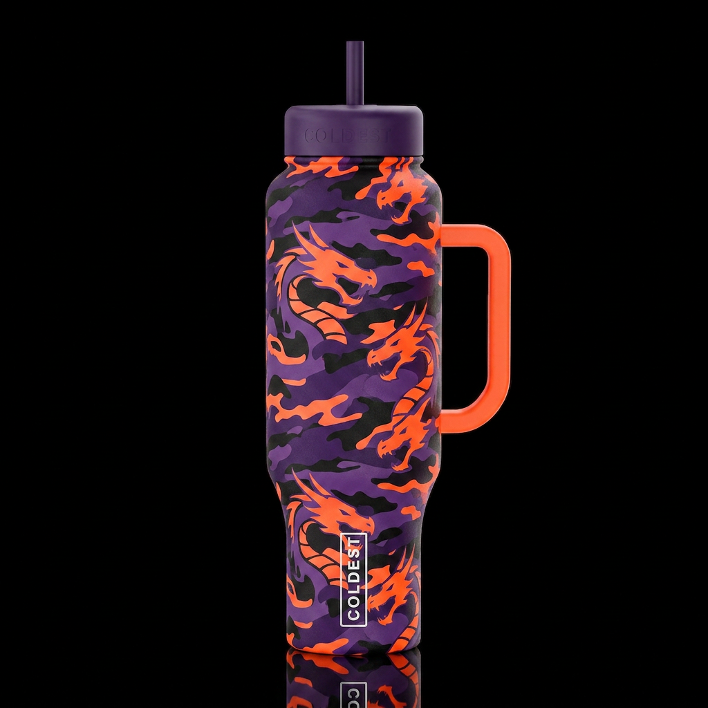 A shade of dark purple and a shade bright neon ora... water bottle design