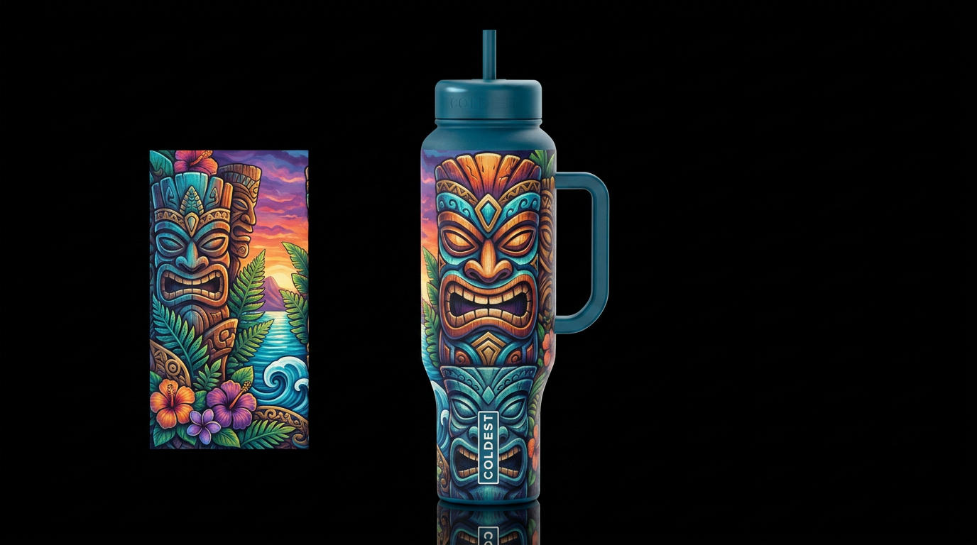 Island themed tikiman in an artsy way water bottle design