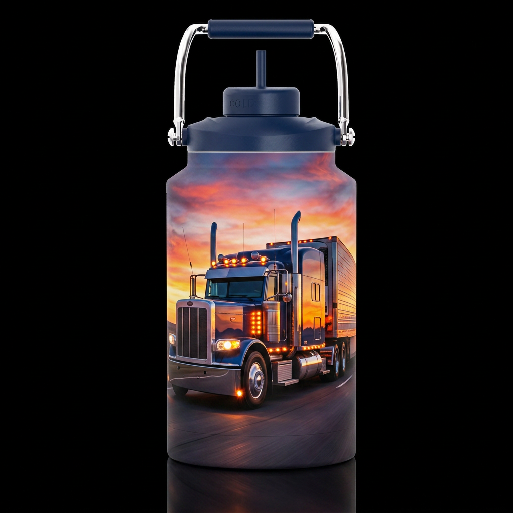 Peterbuilt 389 stretched, pulling a dry van traile... water bottle design