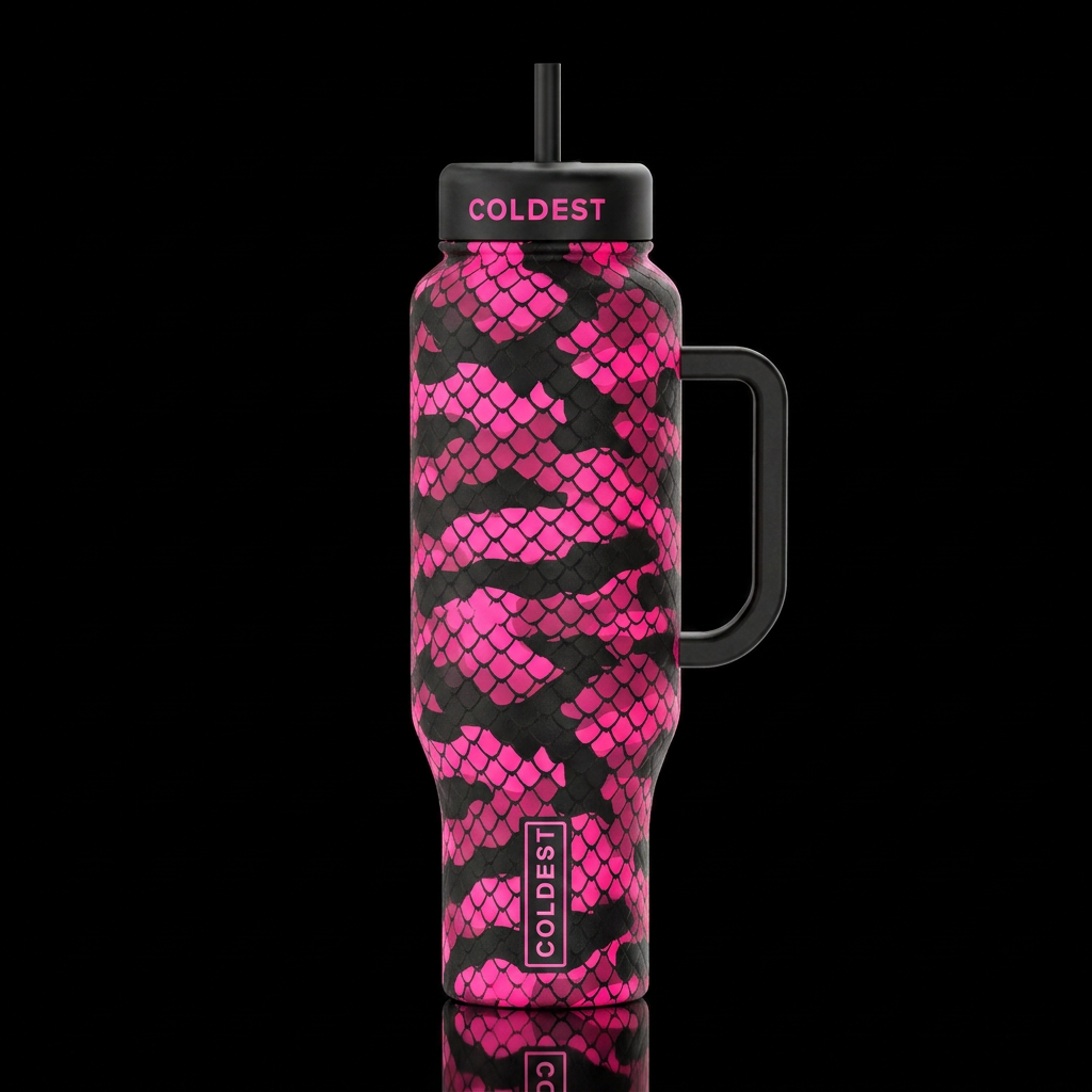 Bright neon pink shade and a pink shade with a sha... water bottle design