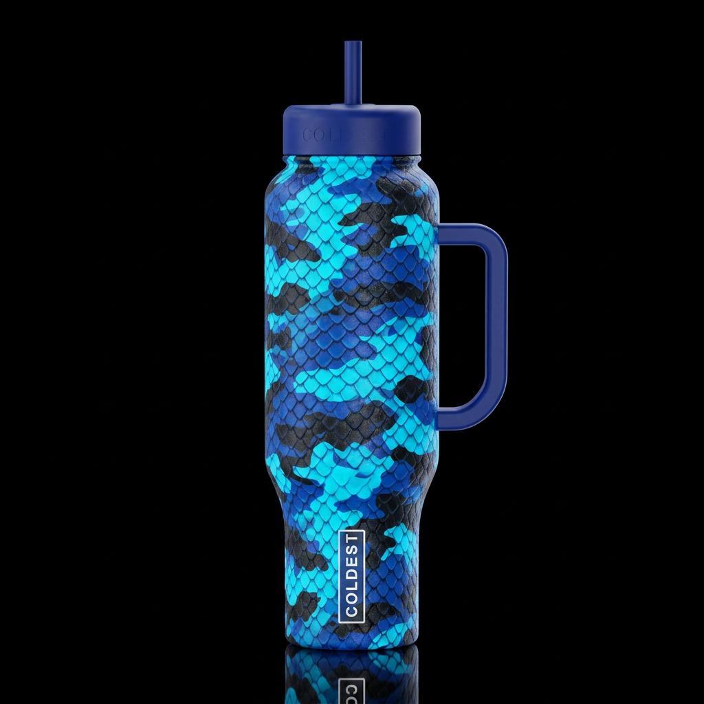 Bright neon blue shade and a blue shade with a sha... water bottle design