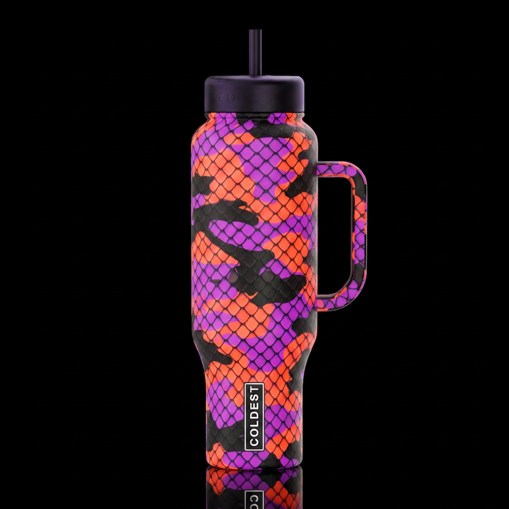 Bright neon orange shade and a bright neon purple ... water bottle design