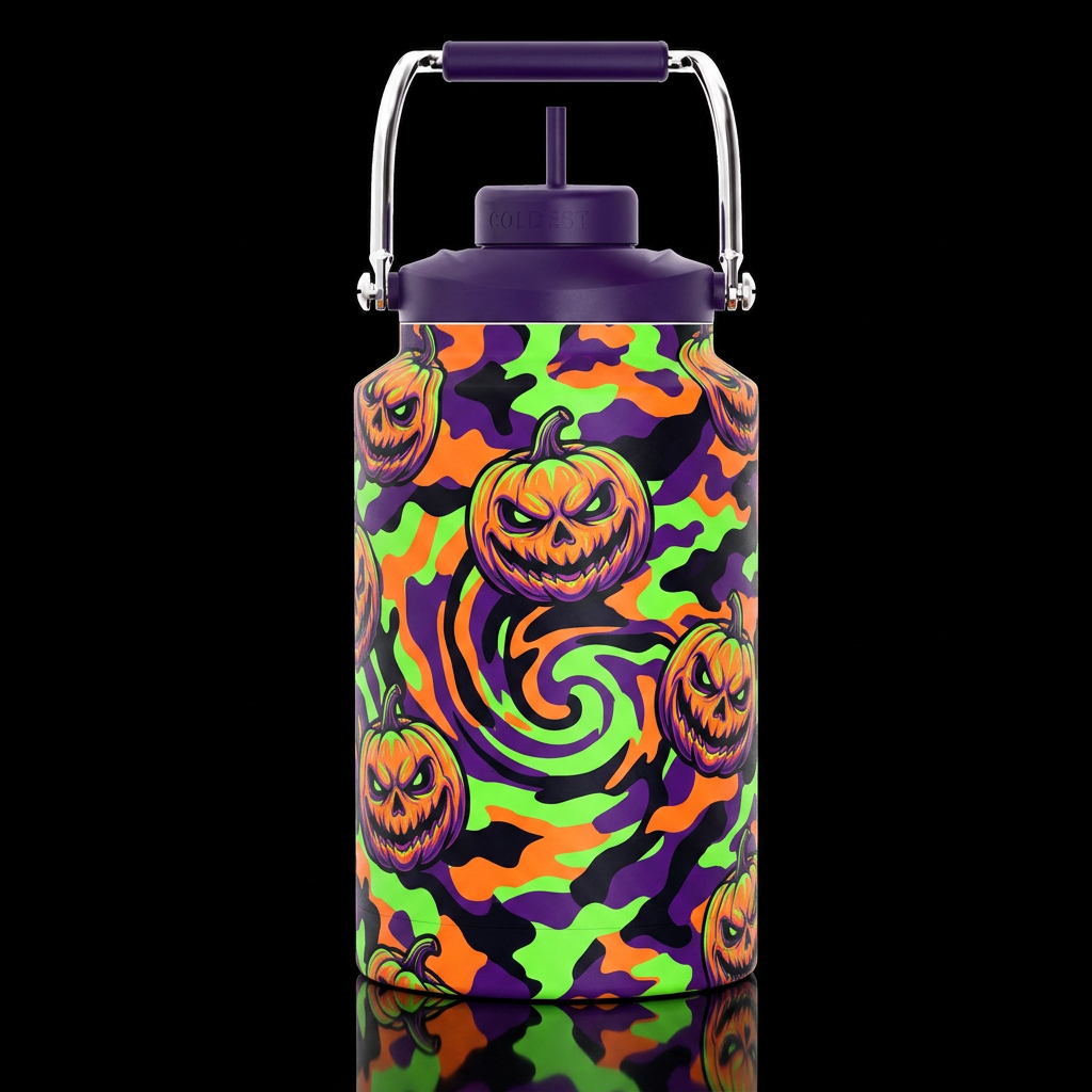 Neon green shade and a neon orange shade and a pur... water bottle design