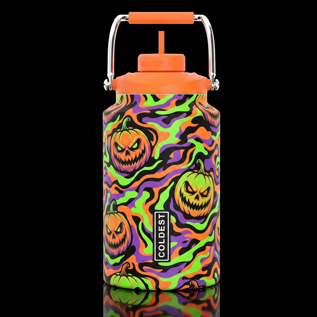 Neon green shade and a neon orange shade and a pur... water bottle design