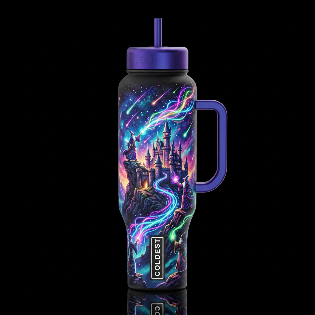 Wizards castle, wizards casting neon glow in the d... water bottle design