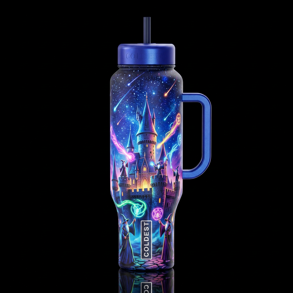 Wizards castle, wizards casting neon glow in the d... water bottle design