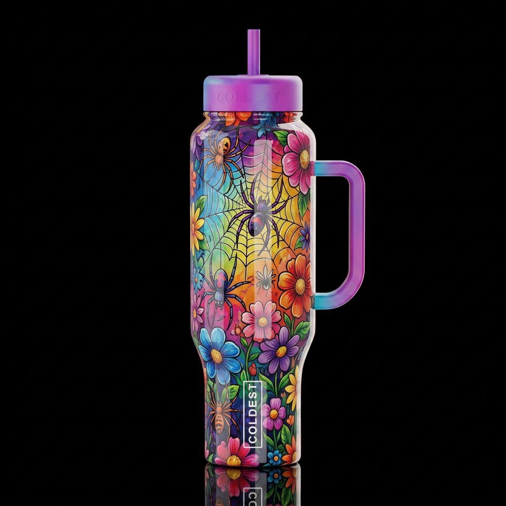 High gloss shine, very vibrant, colorful spiders, ... water bottle design