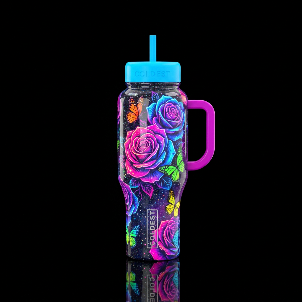 High gloss finish, very vibrant colored neon color... water bottle design