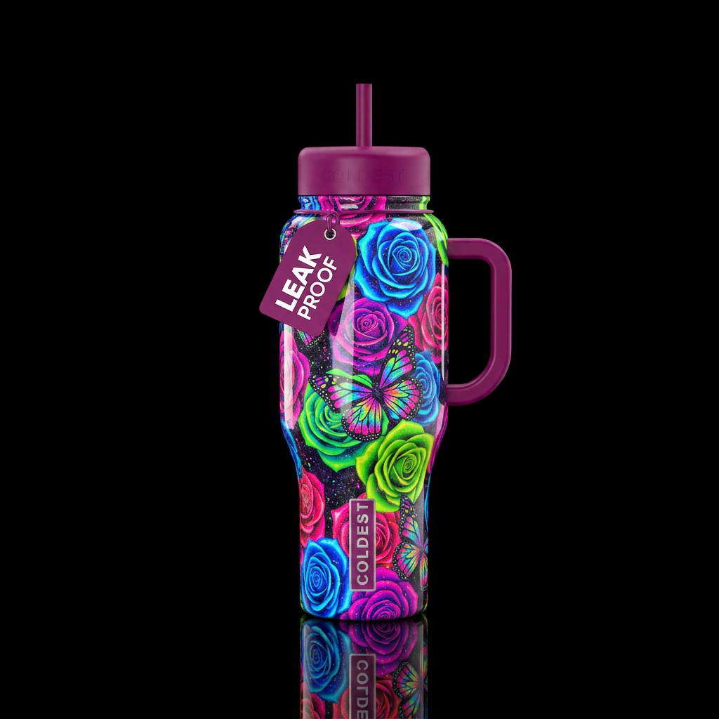 High gloss finish, very vibrant colored neon color... water bottle design