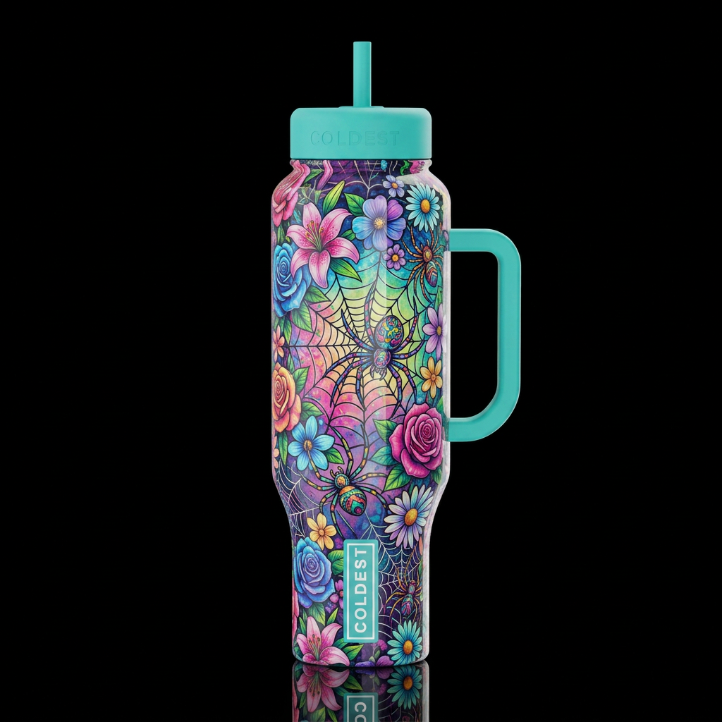 High gloss shine, very vibrant, colorful spiders, ... water bottle design