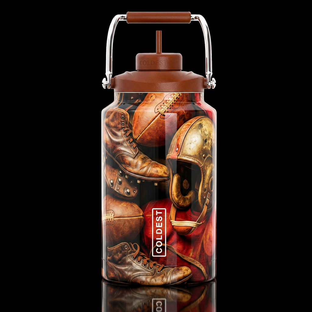 Antique football cleats, football and a football h... water bottle design