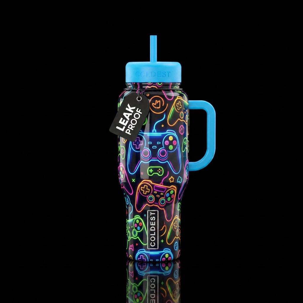 Multicolored video game controllers, glow in the d... water bottle design