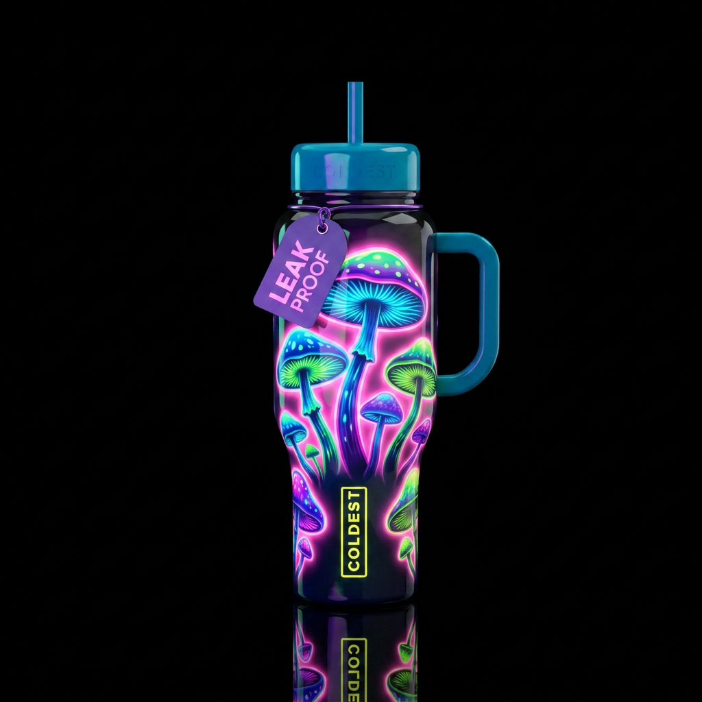 Glow in the dark Multicolored mushrooms, with a ne... water bottle design