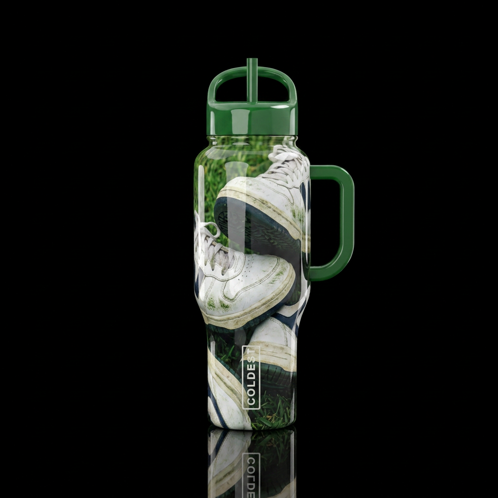Dad lawn cutting shoes, high gloss finish, very vi... water bottle design