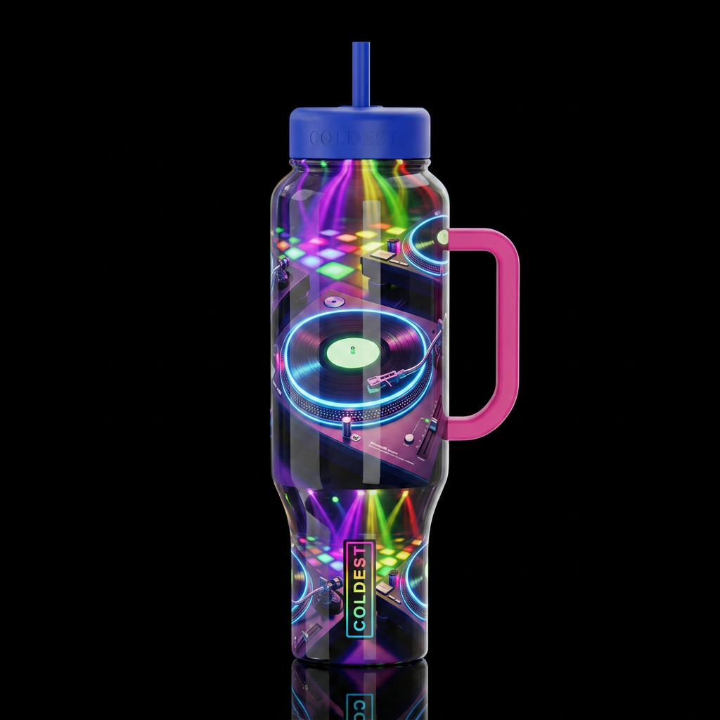Go DJ, turntables, glow in the dark, with a blue n... water bottle design