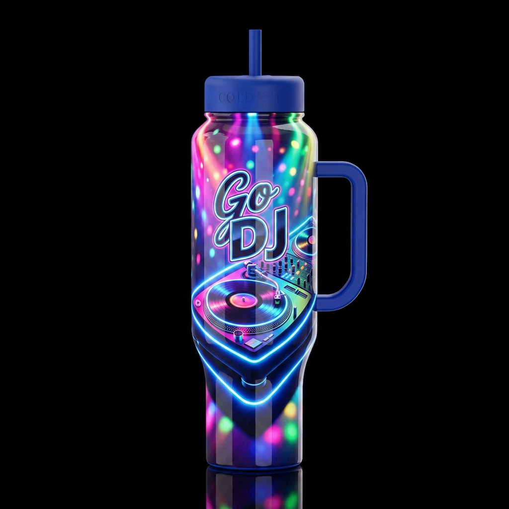 Go DJ, turntables, glow in the dark, with a blue n... water bottle design