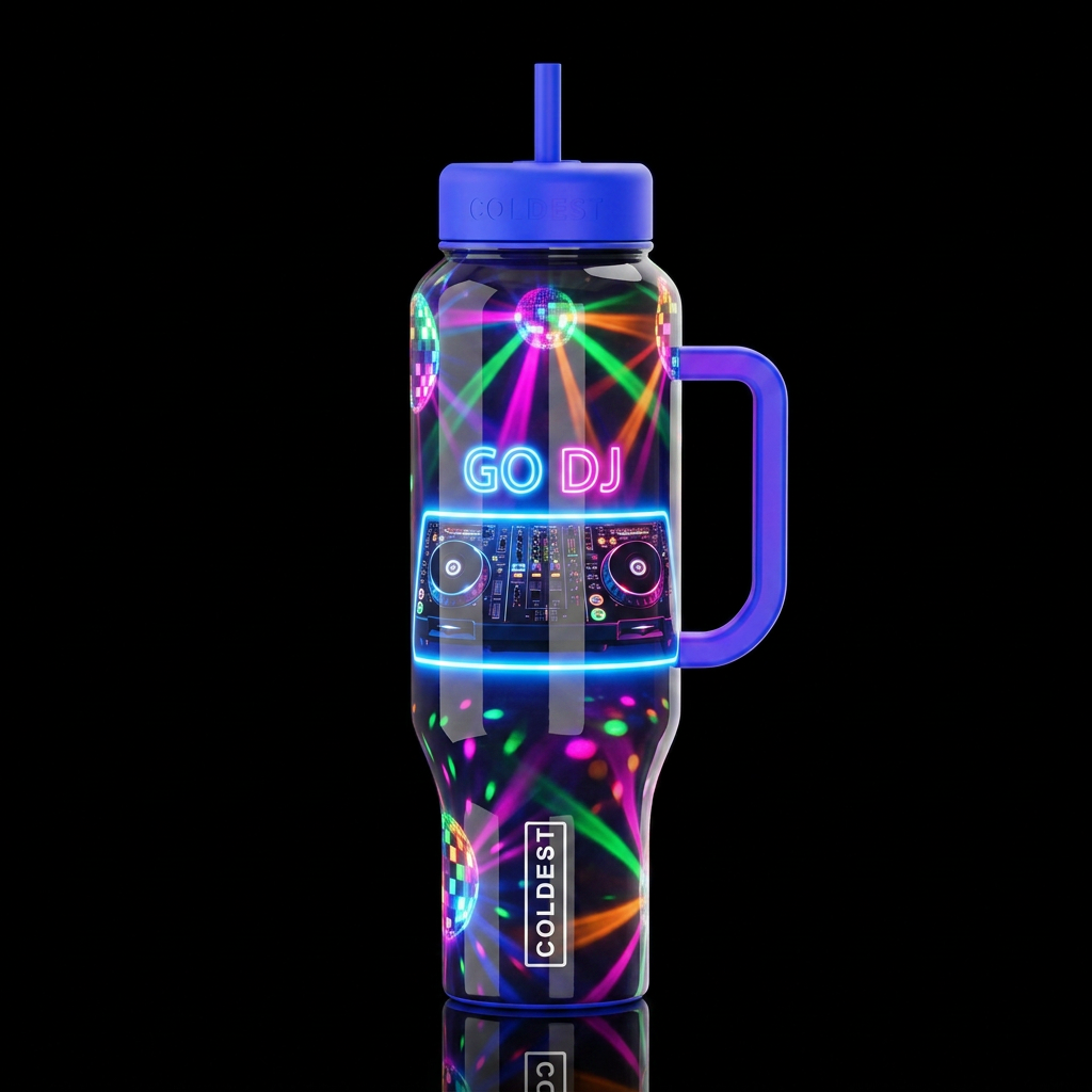 Go DJ, turntables, glow in the dark, with a blue n... water bottle design