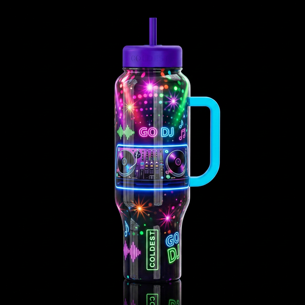 Go DJ, turntables, glow in the dark, with a blue n... water bottle design