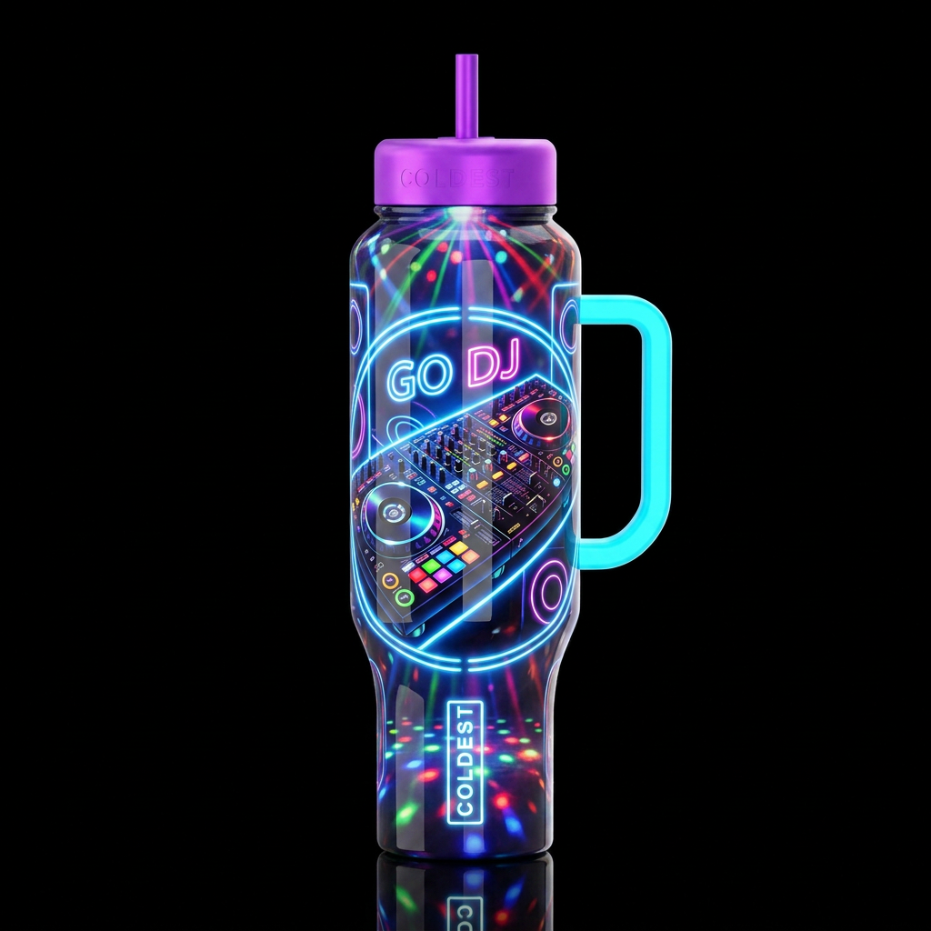 Go DJ, turntables, glow in the dark, with a blue n... water bottle design