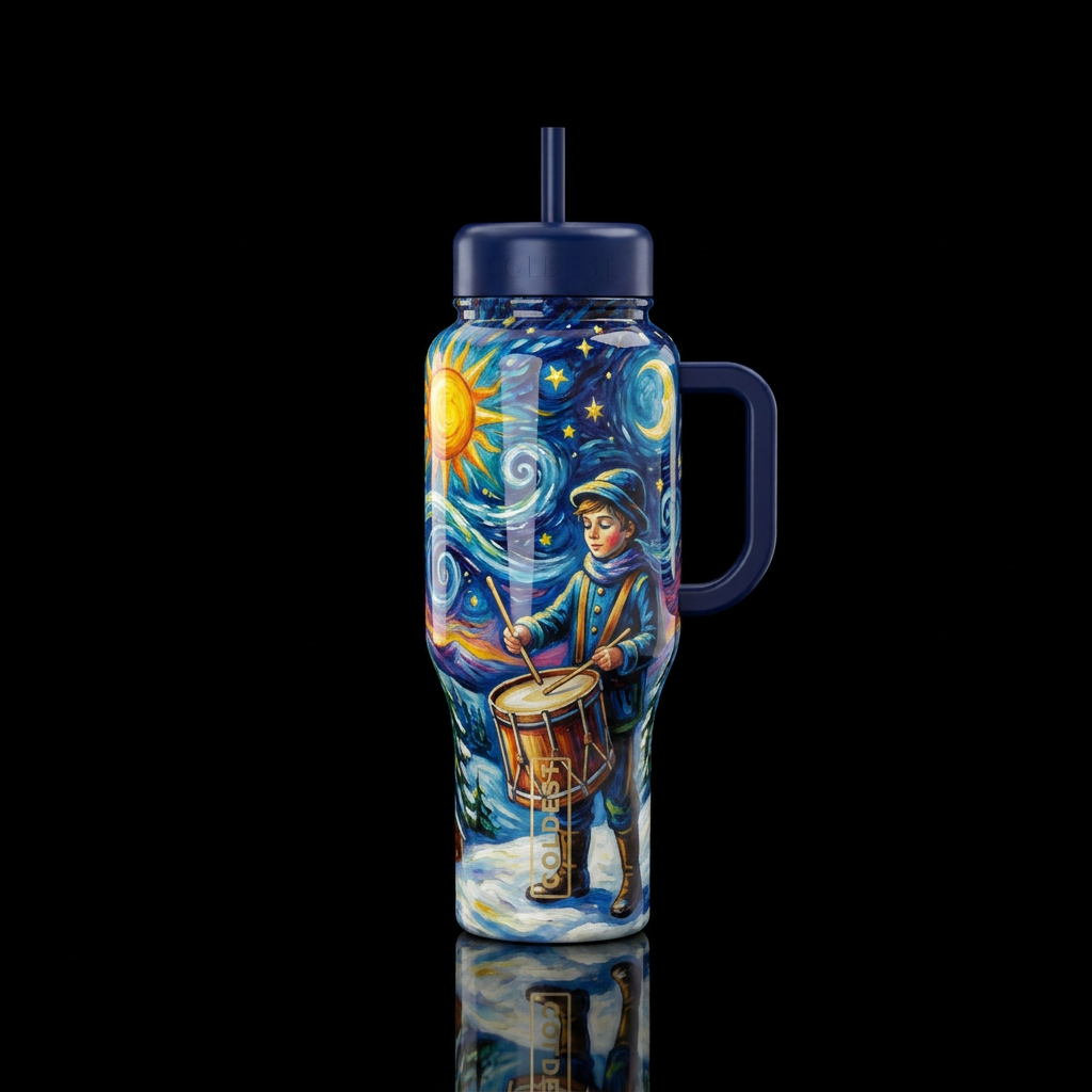 Starry night drummer boy, oil painting with a sun ... water bottle design