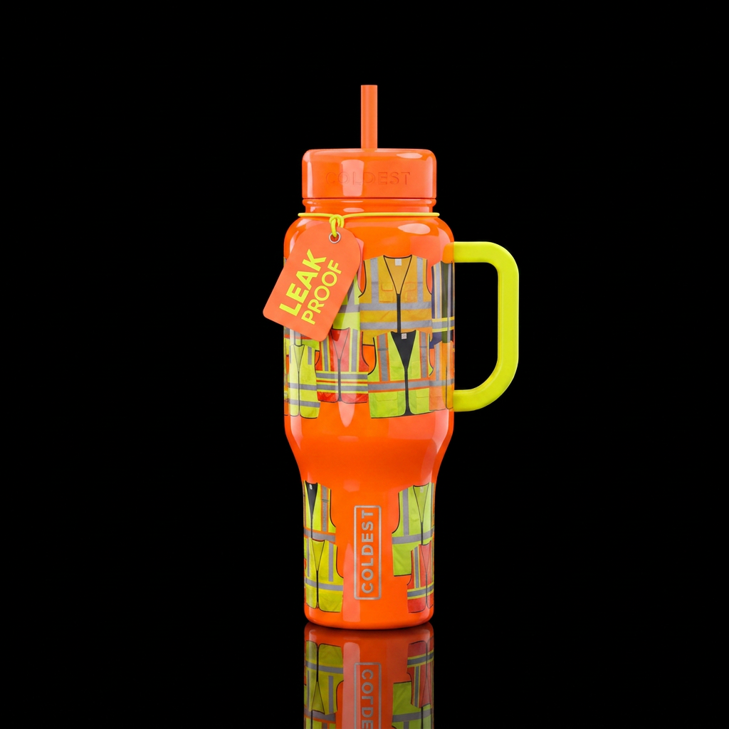 High visibility vests multicolored on a bright neo... water bottle design
