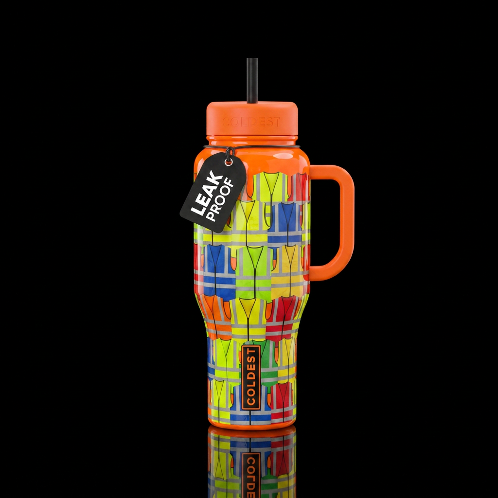High visibility vests multicolored on a bright neo... water bottle design