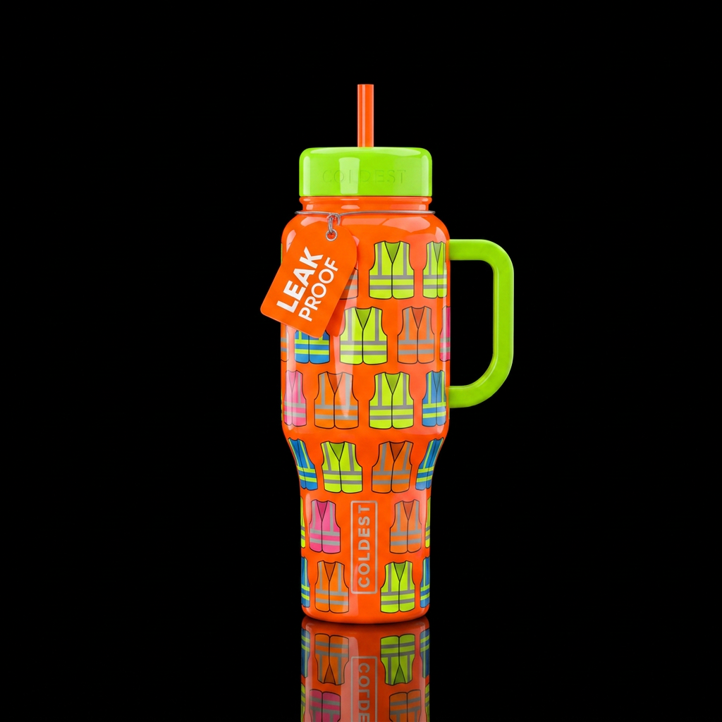 High visibility vests multicolored on a bright neo... water bottle design