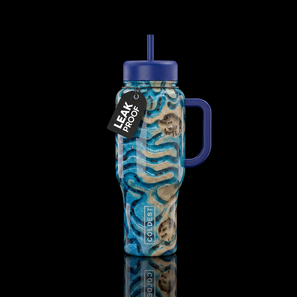 An ant farm, high gloss finish, very vibrant color... water bottle design