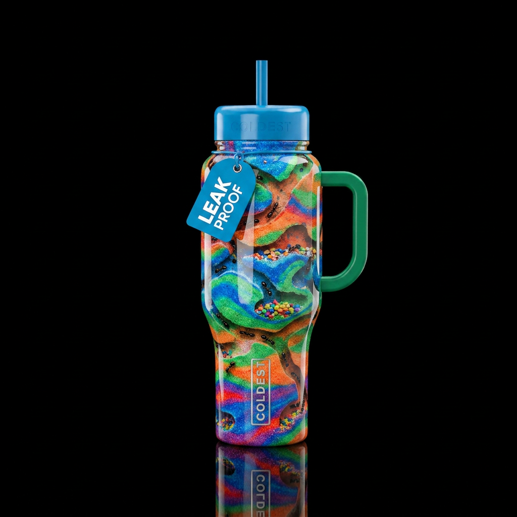 An ant farm, high gloss finish, very vibrant color... water bottle design