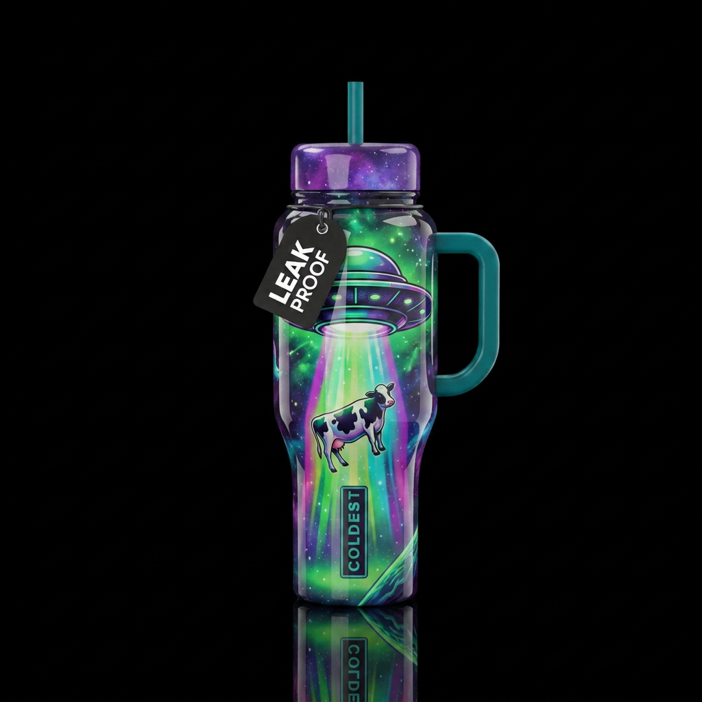 UFO picking up a cow, high gloss finish, very vibr... water bottle design